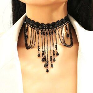 Lace Choker Necklace Beads Dangle Pendant Collar Punk Goth Costume Vamp Sexy Emo